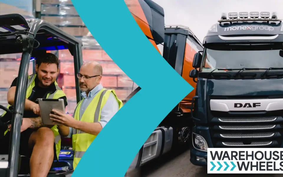 Photo of 2 workers in a warehouse and an arrow head pointing to MOnex lorries